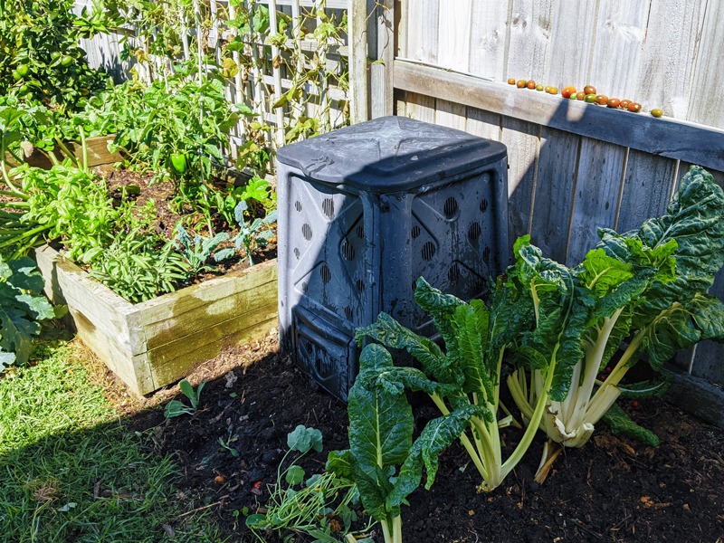 stationary compost bin situated in a veggie garden. A great option when choosing a composter